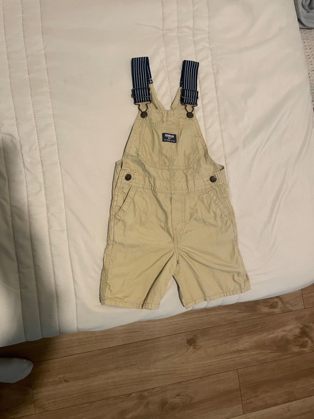 OshKosh B'gosh Khaki Short Overalls with Navy Striped Straps